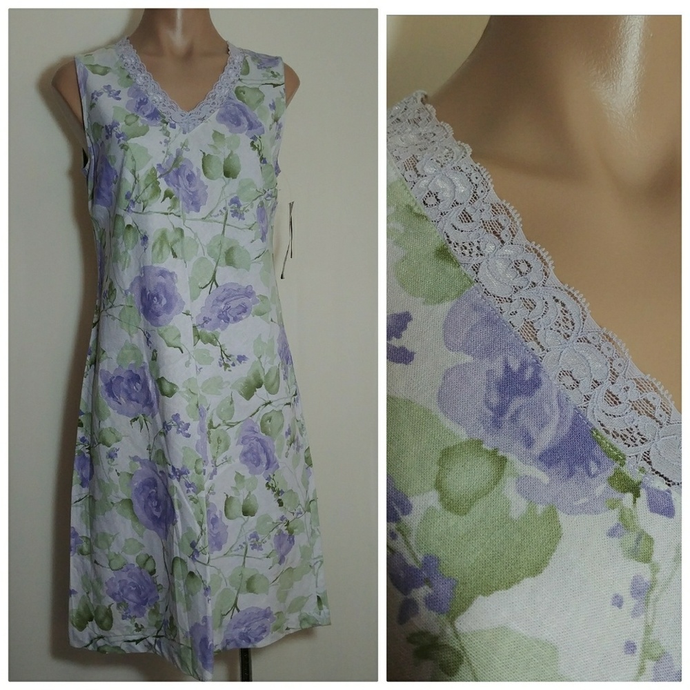 Sleeveless Lavender Floral V-Neck Dress with Lace Trim Linen NWT